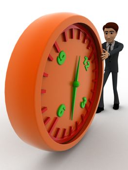 3d man pushing and rolling big clock concept on white background, side angle view