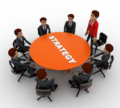 3d man leader of team discuss stratergy  with team menbers in meeting concept on white background, side angle view