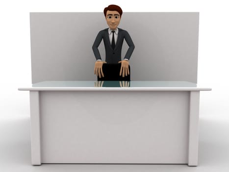 3d man in office with table and chair concept on white background, front angle view