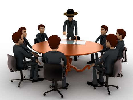 3d man giving presentation in business meeting in zorro constume concept on white background, front angle view