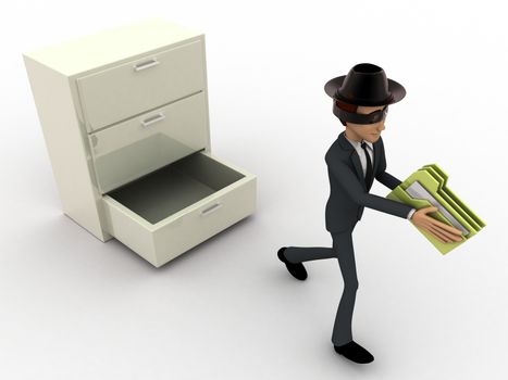 3d man stealing files from drawer concept on white background, top angle view