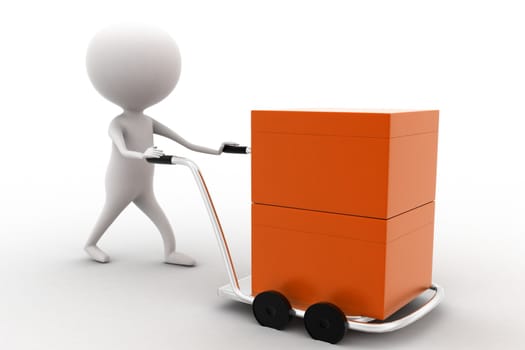 3d man carrying orange box with the help of trolly on white isolated background , side angle view 