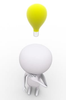 3d man with yellow bulb over head concept  on white isolated background , topgle view 