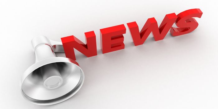 3d news text / megaphone near by concept on white isolated background , top angle view 