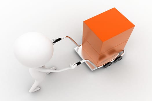 3d man carrying orange box with the help of trolly on white isolated background , top angle view 