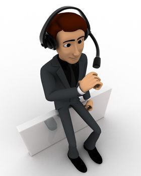 3d man wear headphone and sitting concept on white background, top angle view