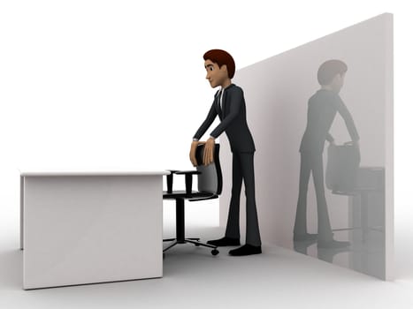 3d man in office with table and chair concept on white background, side angle view