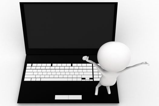 3d man excited and going to jump infront of laptop concept on white isolated background  , top angle view 