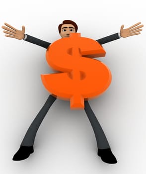 3d man crushed under dollar symbol concept on white background, top angle view