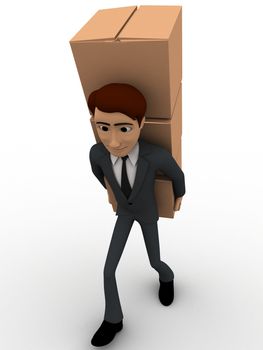 3d man carry boxes on back concept on white background, front angle view