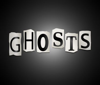 Illustration depicting a set of cut out printed letters arranged to form the word ghosts.