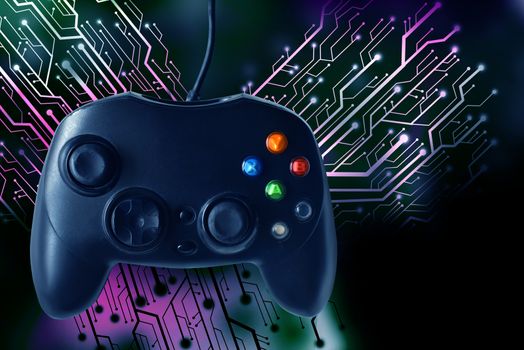 Game joystick controller with circuit board graphic background