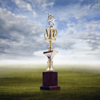 Football trophy with nice landscape background, Success concept