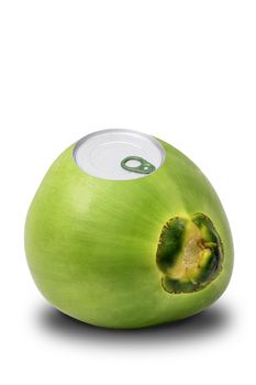 Fresh coconut isolated with can open tool on top