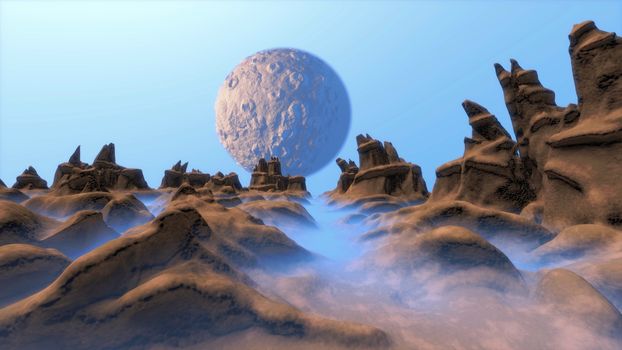 Moon landscape. Illustration of a cartoon funny sci-fi alien planet 