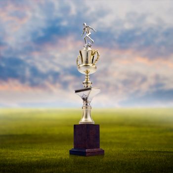 Football trophy with nice landscape background, Success concept