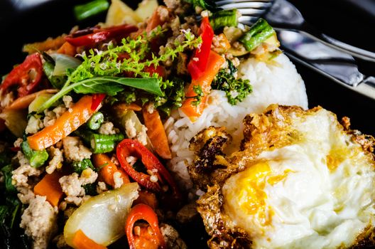 Thai spicy food basil pork fried with rice and fried egg ,Pad Kra Phao moo