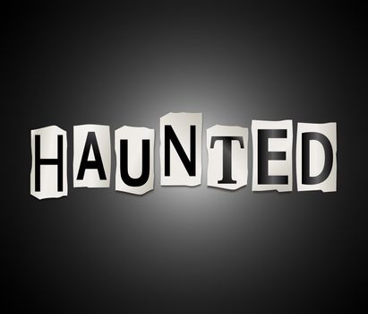 Illustration depicting a set of cut out printed letters arranged to form the word haunted.
