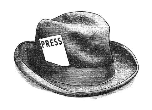 Original digital illustration of a fedora hat with press card, in style of old engravings.
