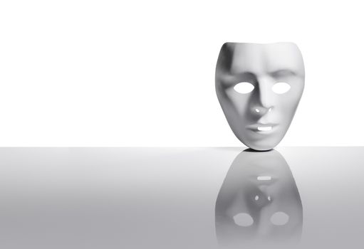 White plastic mask on reflective surface.
