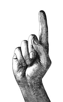 Original digital illustration of a pointing finger, in style of old engravings.
