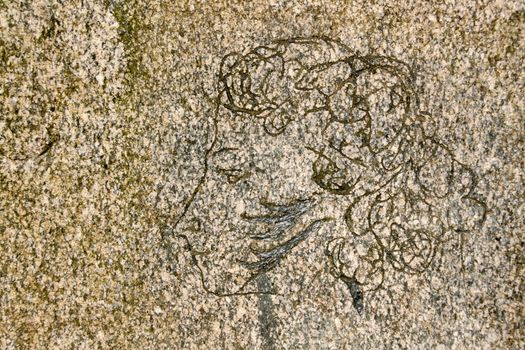 portrait of Pushkin on the stone closeup