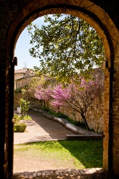 An old stone arch and a garden with flowers in San Quirico d'Orcia
