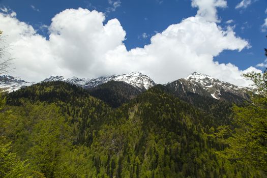 Mountains are covered with snow and the wood and surrounded with clouds