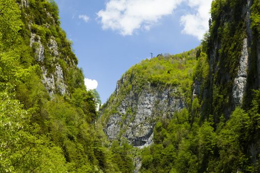 Mountains are covered with snow and the wood and surrounded with clouds