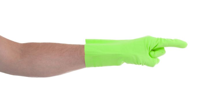 Hand in an cleaning glove making a directional sign on white background