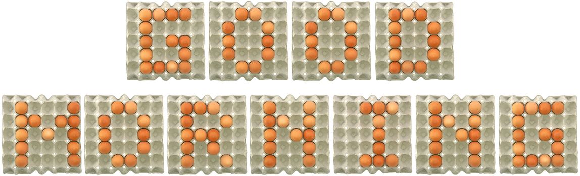 GOOD MORNING word from eggs in paper tray for food or nutrition concept