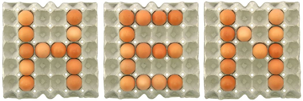 HEN word from eggs in paper tray for food or nutrition concept