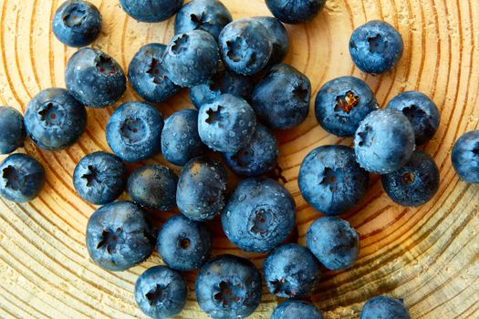 Freshly picked blueberries on wooden background. Shallow dof