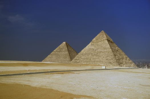 A row of camels transport tourists in front of all of the Giza Pyramids in Cairo, Egypt