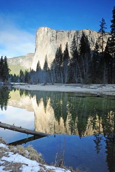 a reflection of El Capiton in Merced River at Yosemite National Park