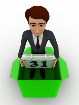 3d man stand inside box and holding calender concept on white background,  top angle view