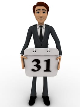 3d man holding calender in hands concept on white background,  front angle view