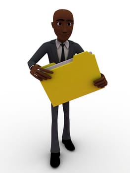 3d man holding file in hands concept on white background, front angle view