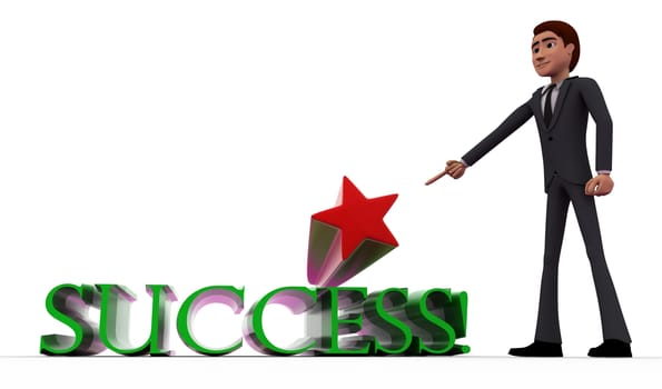 3d man with success and star concept on white background, front angle view