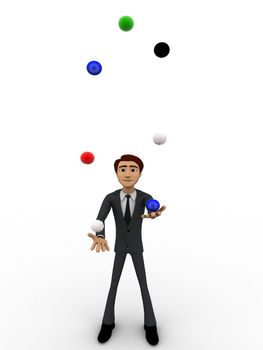 3d man juggle colourful balls concept on white background,  front angle view