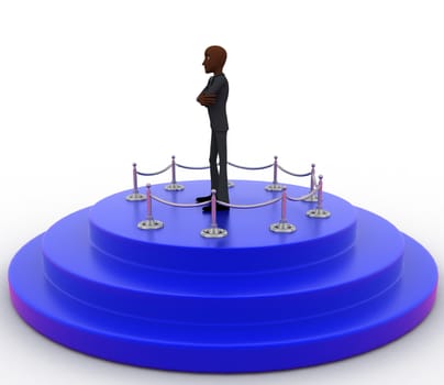 3d man stand on winner stange concept on white background,  side angle view