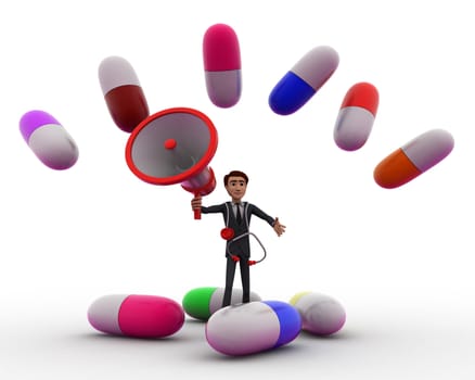 3d man with colourful capsules and speaker concept on white background, front angle view