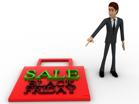 3d man figure at sale black friday bag concept on white background,  front angle view