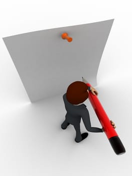 3d man holding big pencil and write on clip board concept on white background, top angle view