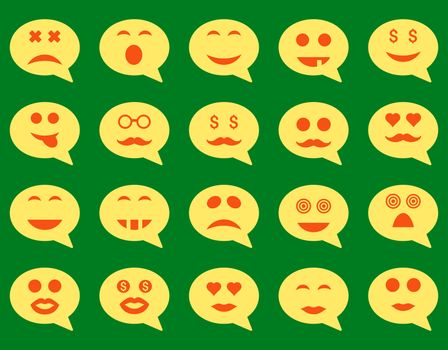 Chat emotion smile icons. Glyph set style is bicolor flat images, orange and yellow symbols, isolated on a green background.