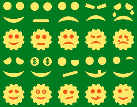 Tools, gears, smiles, emoticons icons. Glyph set style is bicolor flat images, orange and yellow symbols, isolated on a green background.