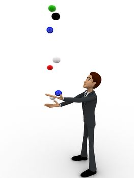 3d man juggle colourful balls concept on white background,   side  angle view