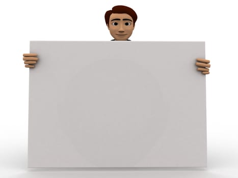 3d man holding big empty banner in hands concept on white background,  front angle view