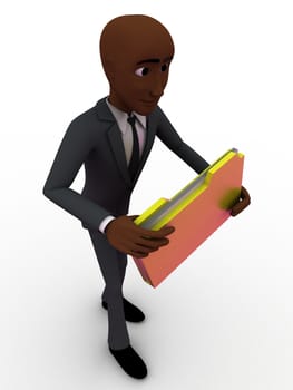 3d man holding file in hands concept on white background,  top angle view