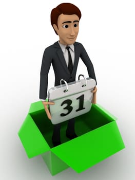 3d man stand inside box and holding calender concept on white background,  side angle view